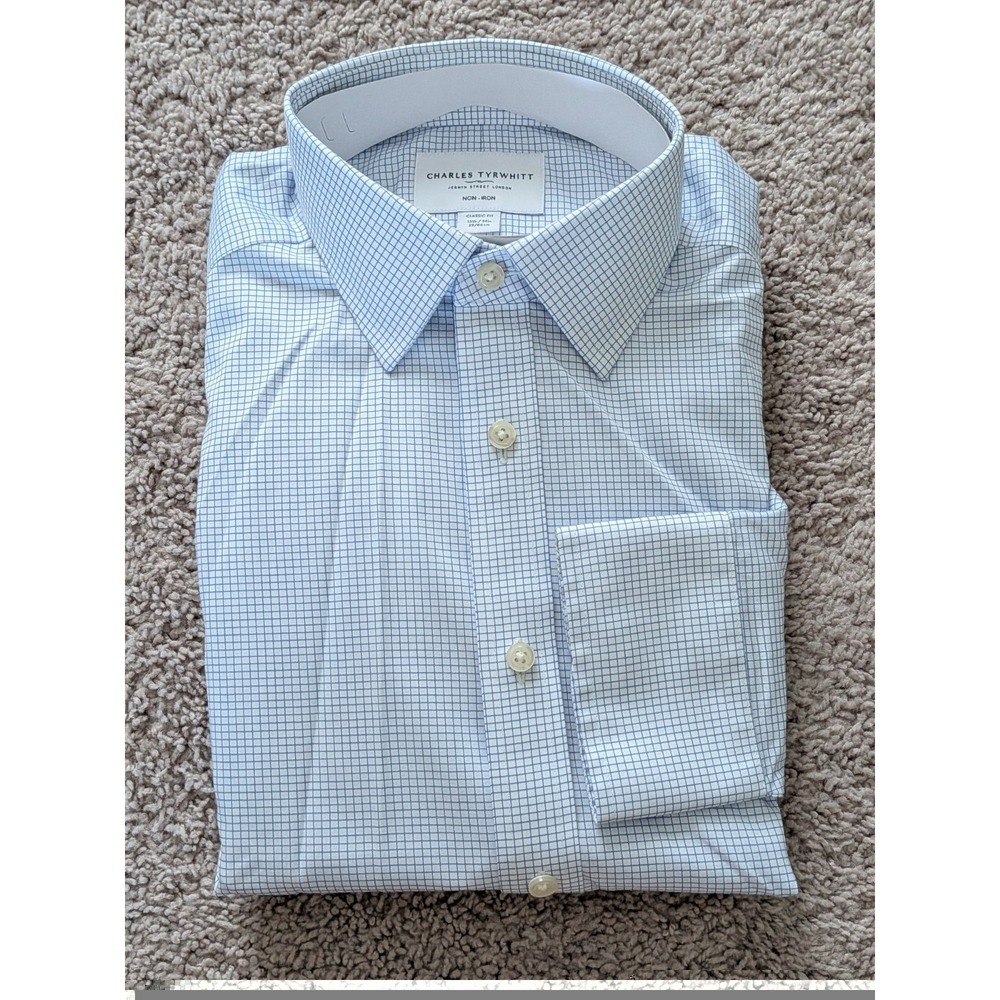 Charles Tyrwhitt Shirt 15.5/34 Cornflower Blue Mini Grid Check Classic Fit NWT